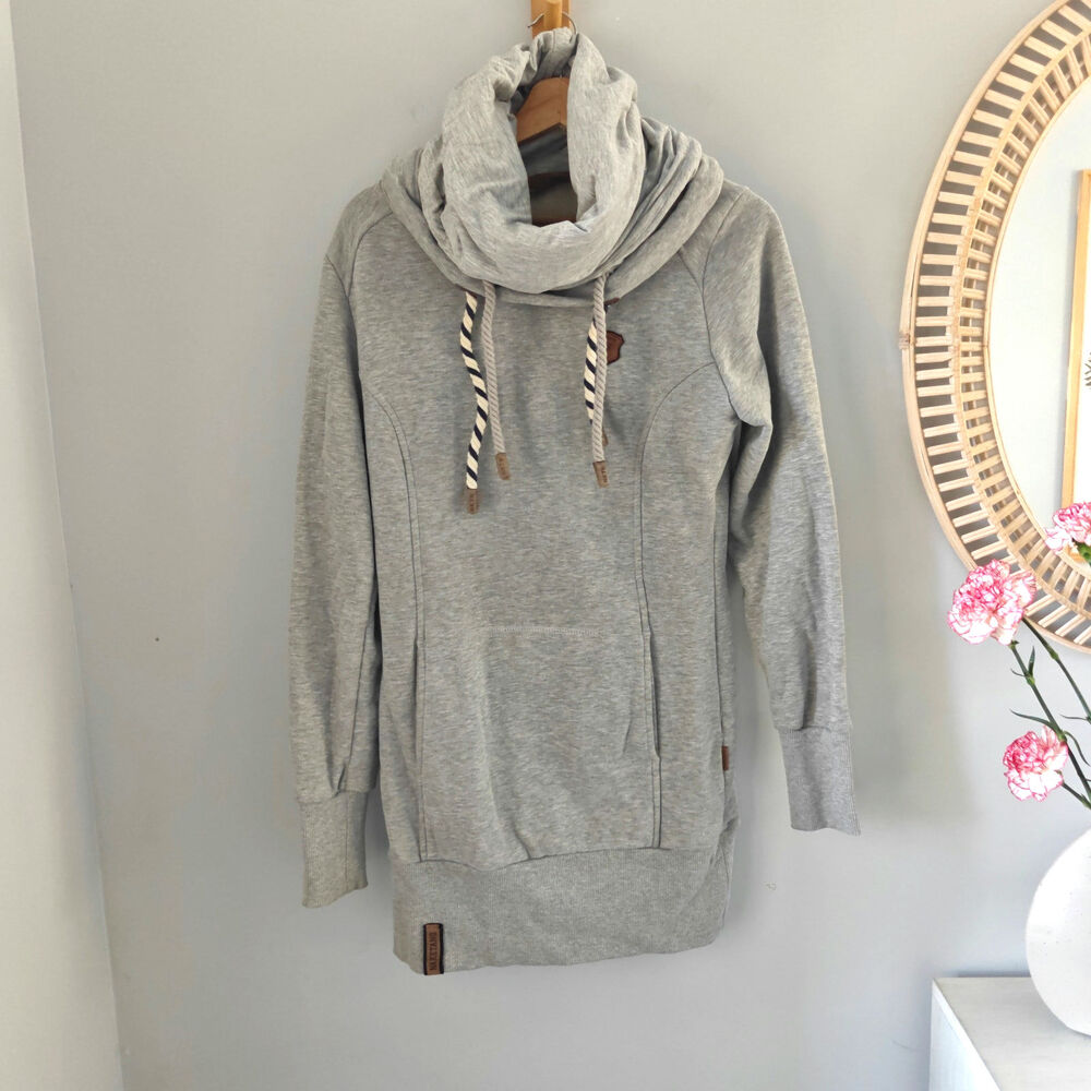 NAKETANO Long Sweatshirt Mini Dress, Gray, Funnel Neck, size M